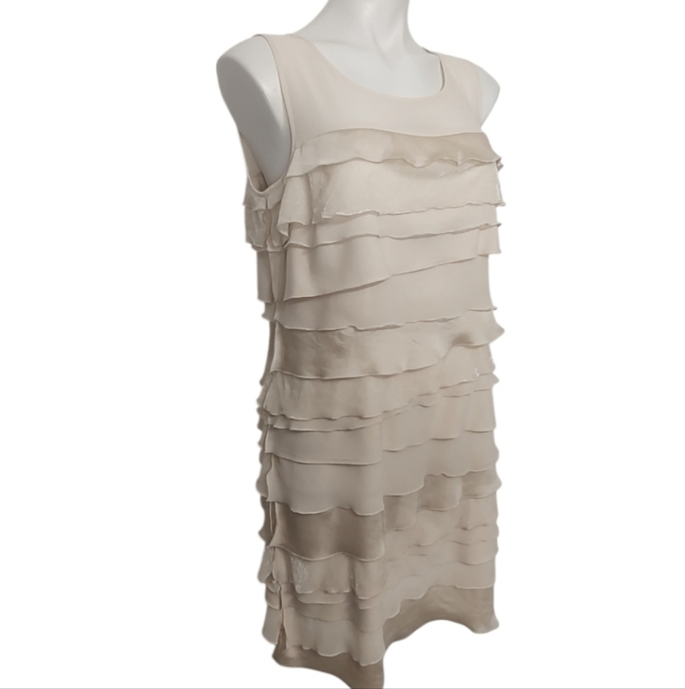 LOFT Satin Velvet Chiffon Tiered Dress Mixed Media Size 8 Ivory